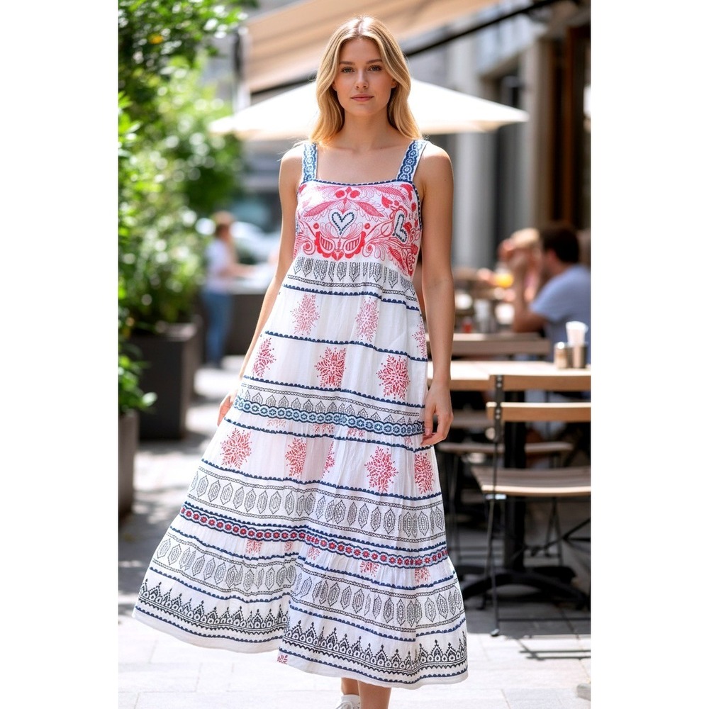 Lula‎ Soul Embroidered Tiered Maxi Dress Small White New Boho Folk Coastal